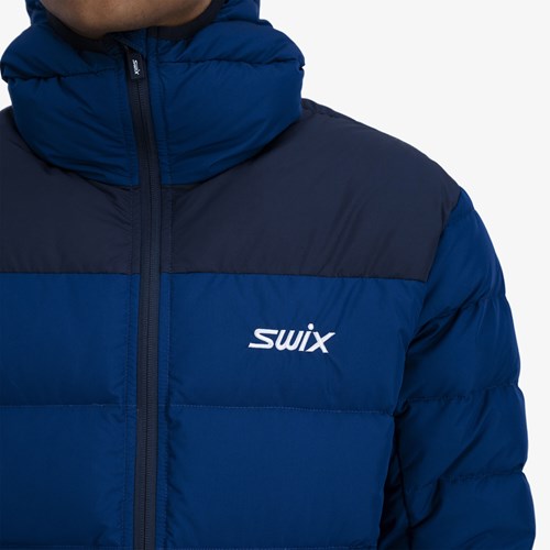 A blue jacket with a white logo.