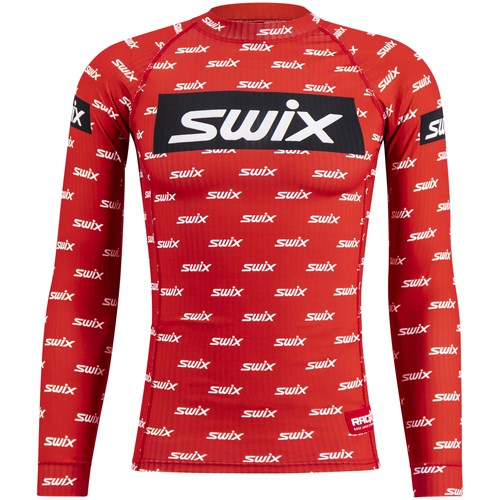 A red and white shirt with a black and white logo.