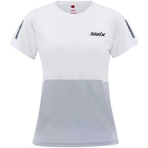 A white t-shirt with a black logo.